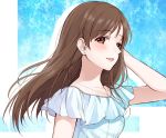  1girl arm_up blue_dress blush brown_eyes brown_hair chisumi dress earrings eyebrows_visible_through_hair hand_in_hair idolmaster idolmaster_cinderella_girls jewelry long_hair looking_at_viewer necklace nitta_minami parted_lips silhouette smile solo stud_earrings upper_body 