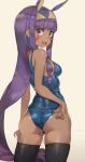  :d absurdres adjusting_clothes adjusting_swimsuit animal_ears ass bangs beige_background black_legwear blue_swimsuit blunt_bangs breasts cowboy_shot dark_skin eyebrows_visible_through_hair facial_mark fate/grand_order fate_(series) hairband highres long_hair looking_at_viewer looking_back nitocris_(fate/grand_order) open_mouth purple_hair school_swimsuit sideboob sidelocks simple_background skindentation small_breasts smile swimsuit taut_clothes taut_swimsuit thigh-highs very_long_hair violet_eyes yohan1754 