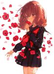  1girl anemone_(flower) bangs black_serafuku black_skirt blush brown_eyes brown_hair commentary cowboy_shot crying crying_with_eyes_open eyebrows_visible_through_hair flower gauze hand_up holding holding_flower long_sleeves neckerchief original petals pleated_skirt red_flower red_neckerchief school_uniform serafuku skirt solo tears yasiromann 