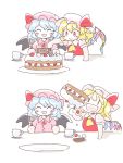  2girls 2koma =d ascot bat_wings blonde_hair blush cake closed_eyes comic crystal cup eating flandre_scarlet food fork hat hat_ribbon itatatata lavender_hair mob_cap multiple_girls open_mouth puffy_short_sleeves puffy_sleeves remilia_scarlet ribbon short_hair short_sleeves siblings side_ponytail sisters sketch smile teacup touhou wings 