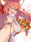 1girl animal_ears apron bell bell_collar blush breasts choco_chip_(aoyuzzz) collar fang fate/grand_order fate_(series) fox_ears hair_ribbon heart large_breasts long_hair looking_at_viewer looking_to_the_side maid_headdress naked_apron one_eye_closed open_mouth paws pink_hair ribbon sideboob solo tamamo_(fate)_(all) tamamo_cat_(fate) yellow_eyes 
