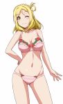  1girl blonde_hair blush bra braid breasts commentary_request crown_braid eyebrows_visible_through_hair flower gluteal_fold green_eyes hair_rings hand_on_hip jpeg_artifacts looking_at_viewer love_live! love_live!_sunshine!! medium_breasts midriff navel ohara_mari one_eye_closed panties pink_bra pink_panties rose simple_background smile solo standing underwear underwear_only white_background yopparai_oni 