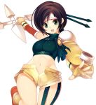  1girl breasts brown_hair commentary_request final_fantasy final_fantasy_vii fingerless_gloves fishnets gloves green_eyes headband holding holding_weapon huge_weapon kinoshita_ichi looking_at_viewer medium_breasts midriff navel one_leg_raised open_mouth short_hair shorts shuriken simple_background smile solo weapon white_background yuffie_kisaragi 
