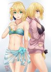  1girl 2girls ahoge bandeau bikini blonde_hair blue_eyes blush breast_lift breasts cleavage fate/apocrypha fate/stay_night fate_(series) from_side front-tie_top green_eyes groin hand_on_own_chest jewelry medium_breasts multiple_girls navel necklace ruler_(fate/apocrypha) saber sleeves_past_wrists small_breasts smile swimsuit swimsuit_under_clothes thealagator thighs violet_eyes 