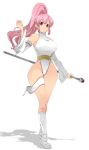  1girl breasts character_request detached_sleeves highres leotard looking_at_viewer medium_breasts pink_hair ponytail red_eyes sleeveless staff tales_of_(series) wide_hips zinger_(excess_m) 