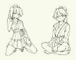  10s 1girl arms_behind_head bow butterfly_sitting eyebrows_visible_through_hair hair_between_eyes hair_bow hakama_skirt high_ponytail houshou_(kantai_collection) japanese_clothes kantai_collection long_hair looking_at_viewer monochrome multiple_views pas_(paxiti) sandals sketch 