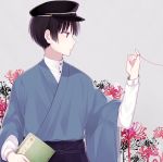 1boy bangs beige_background black_hair black_hat blue_kimono book chisumi closed_mouth eyebrows_visible_through_hair floral_background flower hakama hat holding holding_book japanese_clothes kimono male_focus original peaked_cap profile red_eyes shosei simple_background solo spider_lily upper_body wide_sleeves 