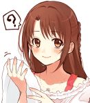  1girl ? bangs blush braid brown_eyes brown_hair chisumi closed_mouth collarbone eyebrows_visible_through_hair half_updo holding holding_towel idolmaster idolmaster_cinderella_girls jewelry long_hair looking_at_viewer necklace shimamura_uzuki sidelocks simple_background smile solo spoken_question_mark towel upper_body white_background 