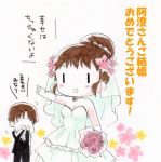  1girl asumi_kana brown_eyes brown_hair dress long_hair ponytail takatsu_karino taneshima_popura translation_request wedding_dress working!! 