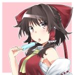  1girl :o bare_shoulders blush bow breasts brown_eyes brown_hair chocolate_hair commentary_request detached_sleeves dripping food hair_bow hair_tubes hakurei_reimu half_updo highres ice_cream kz_oji large_bow looking_at_viewer medium_breasts medium_hair melting neckerchief popsicle sarashi sideboob solo tongue tongue_out touhou 