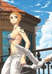  1girl alsea arm_at_side artist_name bare_arms bare_shoulders bikini_top bird blue_eyes blue_sky breasts clouds collarbone cowboy_shot dated day from_side ironwork leaning_against_railing looking_afar looking_up medium_breasts nami_(one_piece) navel one_piece orange_hair outdoors pants peaceful pocket seagull short_hair sideboob sky smile stomach strap_gap tattoo under_boob window 