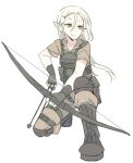  1boy androgynous arrow blade_(galaxist) blonde_hair bow_(weapon) closed_mouth elf erik_burton forehead full_body green_eyes hair_between_eyes holding_bow_(weapon) kneeling load_bearing_vest long_hair looking_to_the_side male_focus one_knee operator pointy_ears pop-up_story short_sleeves simple_background smile solo weapon white_background 