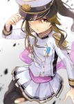  1girl blurry brown_eyes brown_hair debris depth_of_field idolmaster idolmaster_cinderella_girls long_hair looking_at_viewer looking_up military military_uniform pantyhose parted_lips ponytail seizon_honnou_valkyria solo takamori_aiko torn_clothes torn_pantyhose tybys50 uniform white_background 