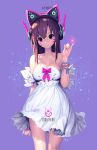  1girl alternate_costume axent_wear bangs bare_shoulders bow bracelet breasts brown_eyes brown_hair cat_ear_headphones character_name circuit_board cleavage closed_mouth collarbone copyright_name cowboy_shot d.va_(overwatch) dress dress_tug emblem eyebrows_visible_through_hair fingernails hair_between_eyes hand_up head_tilt headphones highres jewelry light_particles long_fingernails long_hair looking_at_viewer mandrill medium_breasts nail_polish overwatch pink_bow pink_nails pinky_out purple_background short_dress smile solo strapless strapless_dress sundress white_dress 