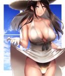  1girl big.g black_hair blue_eyes breasts choker clouds cloudy_sky dress dress_lift hat highres large_breasts lifted_by_self light_smile long_hair looking_at_viewer original panties sky solo straw_hat underwear white_dress 