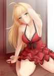  1girl ahoge barefoot blonde_hair breasts cleavage dated dress fate/extella fate/extra fate_(series) green_eyes highres kneeling large_breasts long_hair looking_at_viewer red_dress ribbon saber_extra signature smile solo thealagator 