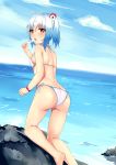  1girl ass barefoot bikini bili_girl_22 bilibili_douga blue_hair butt_crack food hair_ornament hentai_kuwa highres looking_at_viewer ocean open_mouth popsicle red_eyes rock side-tie_bikini side_ponytail solo swimsuit water white_bikini 