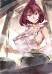  1girl apron bare_shoulders breasts chopsticks cooking double_bun fang hot large_breasts looking_at_viewer naked_apron pot purple_hair red_eyes short_hair smile solo steam sweat sweating sweating_profusely touhou upper_body wet yasaka_kanako yohane 