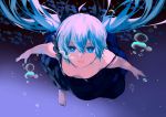  1girl air_bubble bangs barefoot black_dress blue_eyes blue_hair breasts downblouse dress hair_between_eyes hatsune_miku long_hair looking_at_viewer open_mouth shinkai_shoujo_(vocaloid) small_breasts smile solo strap_slip underwater vocaloid zen_o 