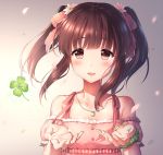  1girl blush brown_eyes brown_hair cherry_blossoms clover four-leaf_clover idolmaster idolmaster_cinderella_girls jewelry looking_at_viewer necklace ogata_chieri open_mouth petals short_hair smile solo twintails upper_body yomono 