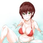  1girl bikini blush breasts brown_hair character_request cleavage erect_nipples green_eyes hair_between_eyes idolmaster idolmaster_cinderella_girls large_breasts looking_at_viewer navel pocari_sweat_(artist) red_bikini short_hair sitting solo spread_legs swimsuit 