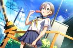  1girl blush briefcase brown_hair food green_eyes headphones headphones_around_neck highres idolmaster idolmaster_cinderella_girls open_mouth popsicle power_lines railroad_crossing school_uniform serafuku short_hair solo tada_riina zattape 