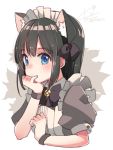  1girl animal_ears apron bangs bell black_hair blue_eyes blunt_bangs blush bow bowtie cat_ears closed_mouth commentary_request copyright_request dated eyebrows_visible_through_hair hair_bow hand_on_own_chin jingle_bell ko_ru_ri looking_at_viewer maid maid_headdress puffy_short_sleeves puffy_sleeves purple_bow purple_bowtie short_sleeves sidelocks signature solo tareme two-tone_background white_apron wristband 