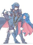  2girls blue_eyes blue_hair blush cape dual_persona fingerless_gloves fire_emblem fire_emblem:_kakusei fire_emblem_heroes gloves highres long_hair lucina marth_(fire_emblem:_kakusei) mask multiple_girls one_eye_closed open_mouth reverse_trap short_hair smile tiara 