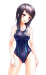  1girl :3 :d bangs black_hair blue_swimsuit blush breasts collarbone competition_swimsuit covered_navel cowboy_shot eyebrows_visible_through_hair hips ina legs_apart long_hair medium_breasts one-piece_swimsuit open_mouth original simple_background smile solo swimsuit thighs white_background 