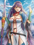  1girl :d belt blue_eyes bracer breasts cape cleavage cross fate/grand_order fate_(series) highres k_ryo large_breasts light_blush long_hair navel navel_cutout open_mouth petals purple_hair saint_martha smile solo staff thigh-highs veil 