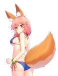  1girl :&gt; animal_ears ass bangle bare_arms bare_shoulders bikini blue_bikini blush bracelet breasts closed_mouth eyebrows_visible_through_hair fate/extra fate_(series) fox_ears fox_tail from_behind heart highres jewelry long_hair looking_back low-tied_long_hair medium_breasts narynn red_ribbon ribbon shiny shiny_hair side-tie_bikini sideboob simple_background smile solo string_bikini swimsuit tail tamamo_(fate)_(all) tamamo_no_mae_(swimsuit_lancer)_(fate) tsurime white_background 