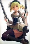  1girl blonde_hair boots drill_hair dual_wielding hat jumping long_hair magical_girl mahou_shoujo_madoka_magica revision skirt solo thigh-highs tomoe_mami twin_drills twintails yellow_eyes zen_o 