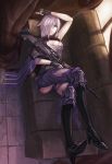  1girl a-er_(akkij0358) belt boots cartridge couch fingerless_gloves girls_frontline gloves gun hair_over_one_eye hand_to_head high_heel_boots high_heels highres indoors legs_crossed lying mg5_(girls_frontline) pale_skin purple_hair rifle solo torn_clothes violet_eyes weapon 