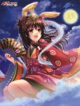  1girl :d absurdres animal_ears brown_eyes brown_hair clouds cloudy_sky copyright_name fan floating_hair flower full_body full_moon hair_flower hair_ornament highres holding holding_fan huge_filesize japanese_clothes kimono long_hair moon night official_art open_mouth rabbit_ears red_flower red_kimono sky smile solo to_love-ru very_long_hair yabuki_kentarou yuuki_mikan 