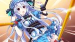  1girl bound bow breasts fairy_fencer_f frills game_cg hairband lolita_hairband long_hair looking_at_viewer official_art open_mouth red_eyes restrained ribbon skirt stationary_restraints tiara_(fairy_fencer_f) tsunako white_hair 