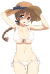  1girl armpits arms_up bikini blue_eyes bow braid breasts brown_hair cleavage collarbone cowboy_shot eyebrows_visible_through_hair front-tie_bikini front-tie_top gluteal_fold hairband halterneck hands_on_headwear hat hat_bow hatakenaka_(kamagabuchi) highres large_breasts long_hair lynette_bishop navel open_mouth side-tie_bikini simple_background single_braid skindentation solo straw_hat strike_witches sun_hat swimsuit tareme thick_eyebrows white_background white_bikini world_witches_series 