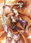  1girl absurdres arm_up breasts brown_eyes brown_hair chinese_clothes cleavage cowboy_shot floating_hair grey_legwear hair_ribbon headband highres holding holding_sword holding_weapon iwamoto_james kaihime knife long_hair looking_at_viewer medium_breasts open_mouth original ribbon solo standing sword thigh-highs toukiden toukiden_kiwami very_long_hair weapon white_ribbon 