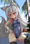  1girl adjusting_clothes adjusting_swimsuit animal_ears black_legwear competition_swimsuit cowboy_shot grey_swimsuit hotel01 long_hair looking_down one-piece_swimsuit original shower solo swimsuit tail thigh-highs wet wolf_ears wolf_tail 
