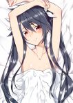  1girl armpits arms_up bed_sheet black_hair blush breasts brown_eyes collarbone commentary_request eyebrows_visible_through_hair hair_between_eyes hair_ribbon long_hair looking_at_viewer lying on_back ore_twintail_ni_narimasu ribbon small_breasts smile topless tsube_aika twintails yuto_(dialique) 