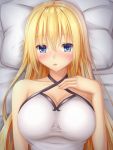  1girl :o blonde_hair blue_eyes blush breasts cleavage fate/grand_order fate_(series) large_breasts long_hair lying on_back pillow ruler_(fate/apocrypha) solo tapisuke upper_body 