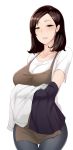  1girl apron blush brown_hair character_request copyright_request earrings green_eyes jewelry looking_at_viewer open_mouth pocari_sweat_(artist) simple_background solo thigh_gap white_background 