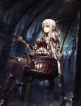  1girl absurdres armor armored_dress boots braid breasts cleavage hair_between_eyes highres jewelry large_breasts long_hair open_mouth sitting solo sword wanke weapon 