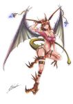  1girl arm_up black_panties breasts brown_hair cleavage crystal dragon_girl dragon_horns highres horns jewelry kenco leg_belt looking_at_viewer medium_breasts midriff navel necklace original panties personification signature snake_tail stitches tail talons underwear wings 