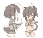  2girls animal_ears bangs birthday blade_(galaxist) blush brown_gloves brown_hair cake cat_ears cat_tail chibi cropped_legs dog_ears dog_tail eyebrows_visible_through_hair food gloves hair_between_eyes highlights looking_at_another multicolored_hair multiple_girls navel open_mouth ponytail pop-up_story renge_miyamoto sidelocks simple_background smile suzuna_isurugi tail translation_request twiddling_fingers white_background yellow_eyes 
