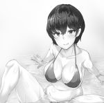  1girl bikini blush breasts brown_hair character_request cleavage erect_nipples green_eyes greyscale hair_between_eyes idolmaster idolmaster_cinderella_girls large_breasts looking_at_viewer monochrome navel pocari_sweat_(artist) short_hair sitting solo spread_legs swimsuit 