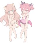  2girls animal_ears barefoot bikini bikini_skirt blade_(galaxist) blue_eyes cat_ears demon_girl emelia_pris fang farfalia full_body hair_flaps hand_up lion_ears lion_tail long_hair looking_at_another low_wings multiple_girls one-piece_swimsuit open_mouth pink_eyes pink_hair pointy_ears pop-up_story pose short_twintails simple_background smile standing strap_slip succubus swimsuit tail twintails wavy_hair white_background white_bikini wings 