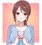  1girl blush breasts brown_hair chisumi collarbone cup eyebrows_visible_through_hair hands_up holding holding_cup idolmaster idolmaster_cinderella_girls long_hair looking_at_viewer low_ponytail medium_breasts mifune_miyu parted_lips ponytail red_eyes sleeves_past_elbows smile solo upper_body 