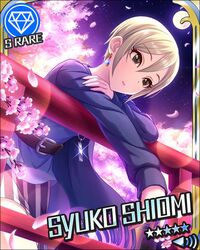  1girl artist_request bangs belt black_eyes blonde_hair card_(medium) character_name cherry_blossoms diamond_(symbol) earrings eyelashes idolmaster idolmaster_cinderella_girls jewelry moon night night_sky official_art parted_lips pendant shiomi_shuuko short_hair skirt sky solo 