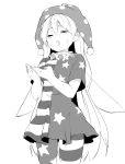 1girl american_flag_dress american_flag_legwear clownpiece commentary_request cowboy_shot cupping_hands dress fairy_wings greyscale half-closed_eyes hasebe_yuusaku hat jester_cap long_hair monochrome neck_ruff pantyhose polka_dot saliva sexually_suggestive short_dress short_sleeves simple_background solo standing star star_print striped tears touhou very_long_hair white_background wings 