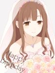  1girl bangs beige_background blunt_bangs blush bouquet bridal_veil brown_eyes brown_hair chisumi closed_mouth collarbone dress flower happy_birthday highres holding holding_bouquet idolmaster idolmaster_cinderella_girls jewelry long_hair mizumoto_yukari necklace simple_background smile solo upper_body veil wedding_dress 